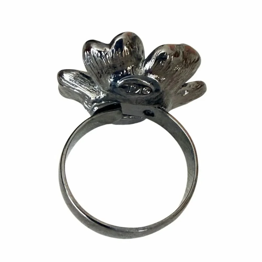 Kenneth Jay Lane KJL Adjustable Crystal Flower Cocktail Ring Gunmetal